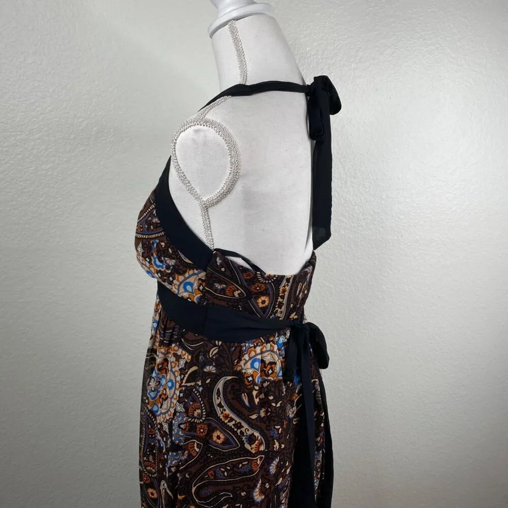 Bisou Bisou Michelle Bohbot Dress Babydoll Halter Maxi Brown Sz 8 Resort Boho